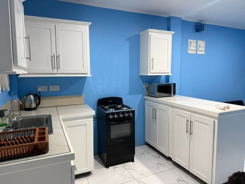Kitchen with a gas cooker, microwave, electric kettle and a sink with a draining rack.
